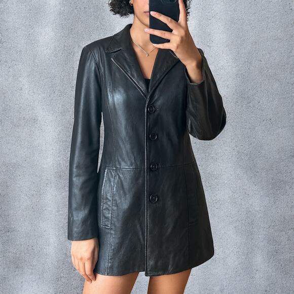 Vintage 90s/Y2K Outbrook Genuine Leather Longline Blazer Jacket Black Small - Picture 2 of 12